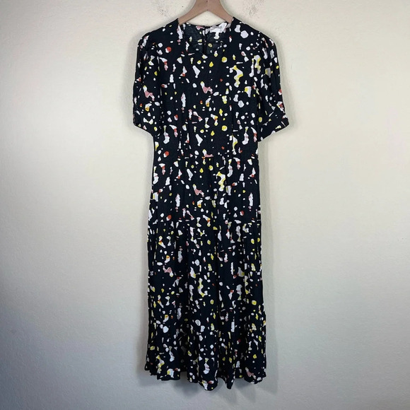 Ba&sh Tonya Gathered Printed Satin Jacquard Midi Dress in Black Spotted Size 2 - Picture 6 of 12